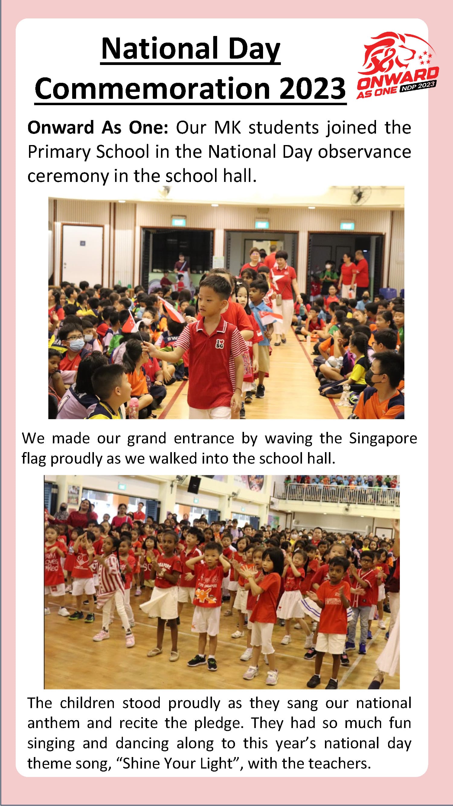 Children join a National Day celebration, waving flags, singing the national anthem, reciting the pledge, and dancing together.